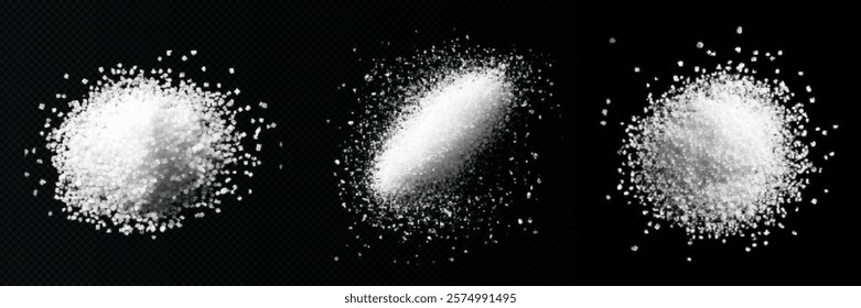 depicts white sugar on a black background. The sugar is presented in loose, granular forms, emphasizing its texture and detail. The minimalistic composition highlights the contrast between