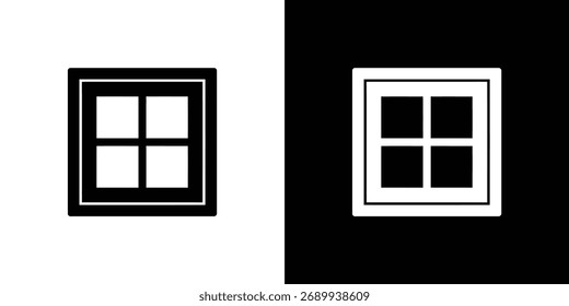 Depicts a window frame with square panes in a transparent silhouette split evenly with black color on one side and white on the other.