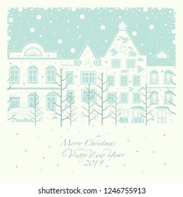 Depicts a winter street with houses. in the foreground the branches of the trees through which can be seen outside. The phrase merry Christmas and a happy New year and number 2,0,1,9