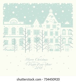 Depicts a winter street with houses. in the foreground the branches of the trees through which can be seen outside. The phrase merry Christmas and a happy New year and number 2,0,1,8