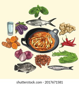 Depik Pengat And Ingredients Illustration, Sketch And Vector Style, Traditional Food From Aceh, Good to use for restaurant menu, Indonesian food recipe book, and food content.