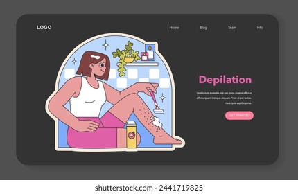 Depilation care scene. A relaxed at-home hair removal routine with a focus on leg care, illustrated in a bright and inviting setting. Comfort meets beauty in self grooming. Flat vector illustration.