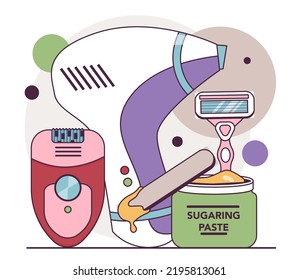 Depilation and epilation concept. Hair removal methods. Idea of body and skin care and beauty. Sugaring and laser hair removal. Flat vector illustration