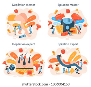 Depilation and epilation concept set. Hair removal methods idea. Epilation beauty procedure. Idea of body and skin care and beauty. Isolated vector illustration - Shutterstock ID 1806004153