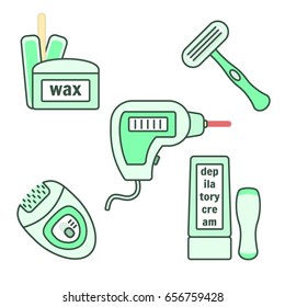 Depilation and epilation instruments set. Wax, laser, cream, razor, epilator tools for female delicate body care, hair removal icons