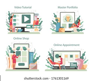 Depilation and epilation online service or platform set. Hair removal methods idea. Video tutorial, online appointment, master portfolio, online shop. Isolated vector illustration