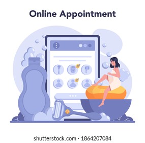 Servicio o plataforma en línea de depilación y epilación. Idea de métodos de eliminación del cabello. Idea de cuidado y belleza de cuerpo y piel. Cita en línea. Ilustración vectorial aislada