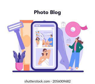 Depilation and epilation online service or platform. Hair removal methods. Sugaring and laser hair removal. Photo blog. Isolated vector illustration