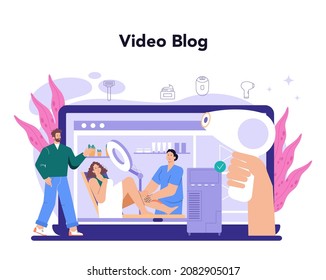 Servicio o plataforma en línea de depilación y epilación. Métodos de eliminación del pelo. Azúcar y depilación láser. Video blog. Ilustración vectorial aislada