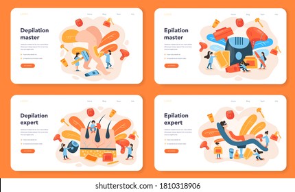 Banner web de depilación y epilación o página de inicio. Idea de métodos de eliminación del cabello. Procedimiento de belleza de la epilación. Idea de cuidado y belleza de cuerpo y piel. Ilustración vectorial aislada