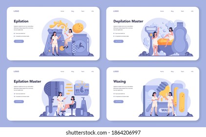 Depilation and epilation web banner or landing page set. Hair removal methods idea. Idea of body and skin care and beauty. Waxing hair removal. Isolated vector illustration