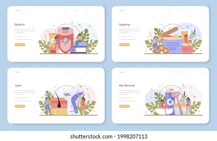Banner web de depilación y epilación o página de inicio. Idea de métodos de eliminación del cabello. Idea de cuidado y belleza de cuerpo y piel. Azúcar y depilación láser. Ilustración vectorial aislada
