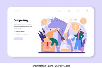 Banner web de depilación y epilación o página de inicio. Métodos de eliminación del pelo. Idea de cuidado y belleza de cuerpo y piel. Azúcar y depilación láser. Ilustración vectorial aislada