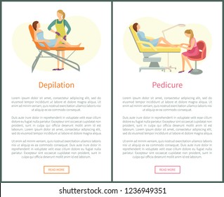 Depilation and epilation of woman legs with wax stripes help. Pedicure pedicurist polishing nails on toes. Posters set with text and clients vector