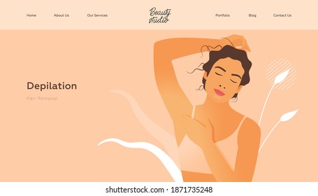 Depilation. Hair Removal. Beauty Studio Landing Page Design Template. Website Banner. Female with Healthy Skin Portrait Shows on her Armpit on Abstract Beige Background.