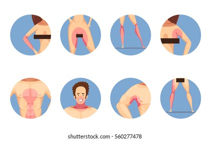 Depilation hair removal zones for men and women cartoon style blue background round icons set isolated vector illustration 