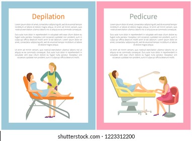 Depilation and pedicure posters set text. Woman takes care of body in beauty salon, making wax or sugaring epilation of legs and polishing toes vector