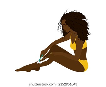 Depilation procedure african girl. Beautiful african girl is shaving her legs
