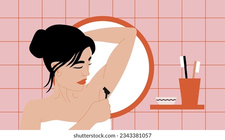 Depilation and removal of hair underarm, armpit epilation, woman with sharp razor doing procedure at home. Hygiene and care, beauty routine, cosmetics. Female character, vector in flat style. Vector.