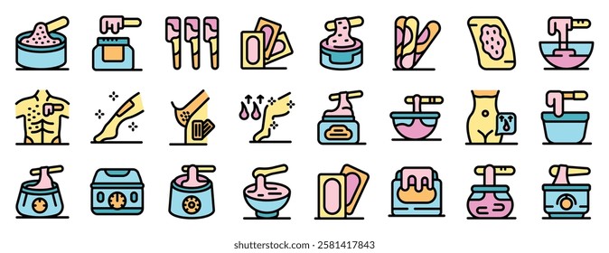 Depilation service and products icons set featuring waxing strips, jars, bowls, heater, and body parts undergoing waxing procedures