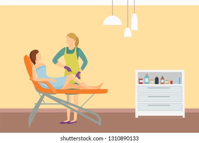 Depilation spa salon interior poster. Woman lying on chair and cosmetician making wax or sugaring epilation on legs. Procedure of removing unnecessary hair