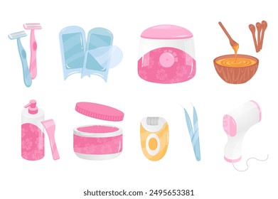 Depilation tools mega set elements in flat cartoon graphic design. Bundle objects of shave razor, waxing, sugaring, hair removal cream, epilator, tweezers, photoepilation, other. Vector illustration.