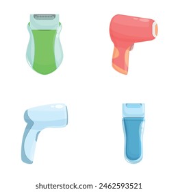 Iconos de depilación conjunto de Vector de dibujos animados. Afeitadora eléctrica femenina y depiladora fotográfica. Tratamiento de depilación