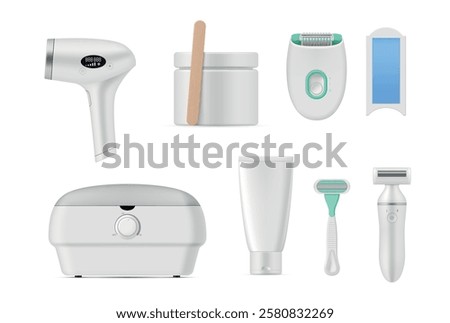 Depilatory product razor and wax device for hair remove set realistic vector illustration. Beauty body care hygiene epilator electric equipment cream laser for skin softness cosmetic procedure