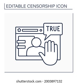 Deplatform line icon. Limitation actions on particular website.Unacceptable person. Persona non grata.Censorship concept. Isolated vector illustration. Editable stroke