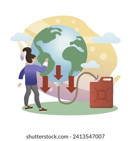 Depletion of natural resources illustration. Woman, earth, arrow, canister. Editable vector graphic design.