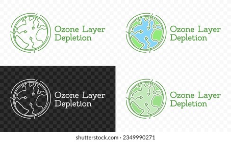 Depletion of ozone layer vector design. Globe and arrows of solar radiation rays with damaged layer logo design