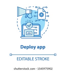 Deploy app concept icon. Software development tools idea thin line illustration. Mobile device programming and coding. Application management. Vector isolated outline drawing. Editable stroke