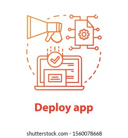 Deploy app concept icon. Software development tools idea thin line illustration. Mobile device programming and coding. Developer tools. Application management. Vector isolated outline drawing