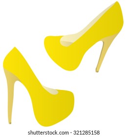 Deployed sideways bright sexy elegant fashion yellow women's stiletto heel and platform. All isolated.