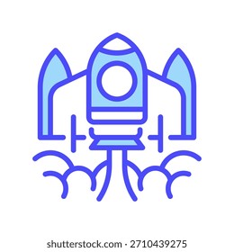 Icono de línea de cohete de implementación, símbolo de esquema para el lanzamiento del Producto, Autorización de software, producción en vivo, impulso de inicio y entrega del proyecto. Icono de signo de Vector.