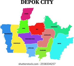 Depok City illustration map vector with every district in color and white boundary lines, West Java, Indonesia