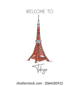 Depok, Indonesia - August 1, 2019: Single continuous line drawing Tokyo Tower landmark. Beauty iconic place in Tokyo, Japan. World travel home wall decor art poster print concept. Vector illustration