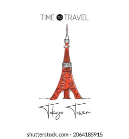 Depok, Indonesia - August 1, 2019: One continuous line drawing Tokyo Tower landmark. World iconic place in Tokyo, Japan. Holiday vacation home wall decor art poster print concept. Vector illustration