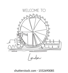 Depok, Indonesia - August 2, 2019: Single Continuous Line Drawing London Eye Ferris Wheel Landmark. Famous Place In London England. World Travel Wall Decor Home Art Poster Concept. Vector Illustration