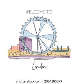 Depok, Indonesia - August 2, 2019: Single continuous line drawing London Eye ferris wheel landmark. Famous place in London England. World travel wall decor home art poster concept. Vector illustration