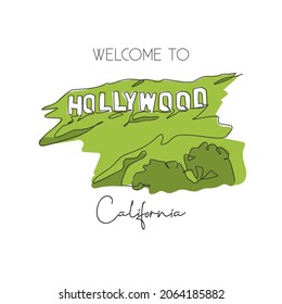 Depok, Indonesia - August 2, 2019: Single continuous line drawing of Hollywood sign landmark. Famous place in Los Angeles, California, US. Home decor wall art poster print. Vector graphic illustration