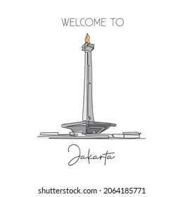 Depok, Indonesia - August 5, 2019: One single line drawing Monas landmark. World iconic famous place in Jakarta, Indonesia. Tourism travel postcard wall decor poster art concept. Vector illustration