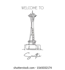 Depok, Indonesia - August 6, 2019: Single Continuous Line Drawing Space Needle Landmark. Beauty Place In Seattle, Washington DC, USA. World Travel Wall Decor Poster Print Concept. Vector Illustration