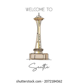 Depok, Indonesia - August 6, 2019: Single Continuous Line Drawing Space Needle Landmark. Beauty Place In Seattle, Washington DC, USA. World Travel Wall Decor Poster Print Concept. Vector Illustration