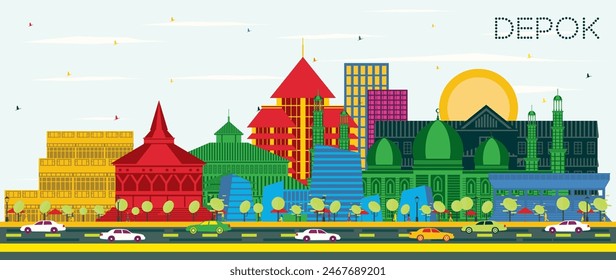 Depok Indonesia City Skyline with Color Buildings and Blue Sky. Vector Illustration. Business Travel and Concept with Modern Architecture. Depok Cityscape with Landmarks.