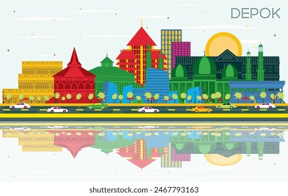 Depok Indonesia City Skyline with Color Buildings, Blue Sky and Reflections. Vector Illustration. Business Travel and Concept with Modern Architecture. Depok Cityscape with Landmarks.