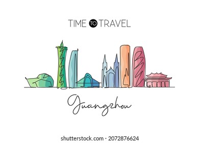 Depok  Indonesia    September 17  2019: One continuous line drawing Guangzhou city skyline  China  World beautiful landscape tourism  Editable stroke single line draw design vector illustration