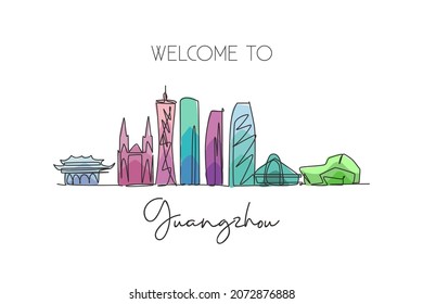 Depok  Indonesia    September 17  2019: Single continuous line drawing Guangzhou skyline  China  Famous city landscape  World travel concept  Editable stroke one line draw design vector illustration