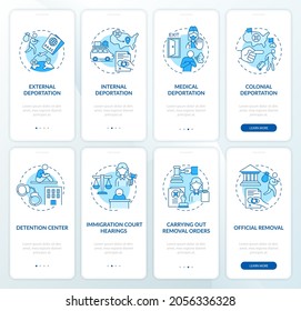 Deportation blue onboarding mobile app page screen set. Official processing walkthrough 4 steps graphic instructions with concepts. UI, UX, GUI vector template with linear color illustrations