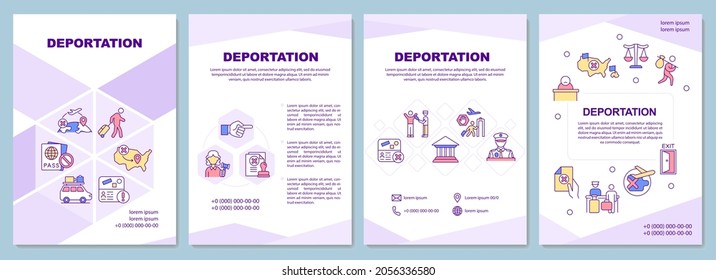 Deportation brochure template. Official removal from country. Flyer, booklet, leaflet print, cover design with linear icons. Vector layouts for presentation, annual reports, advertisement pages